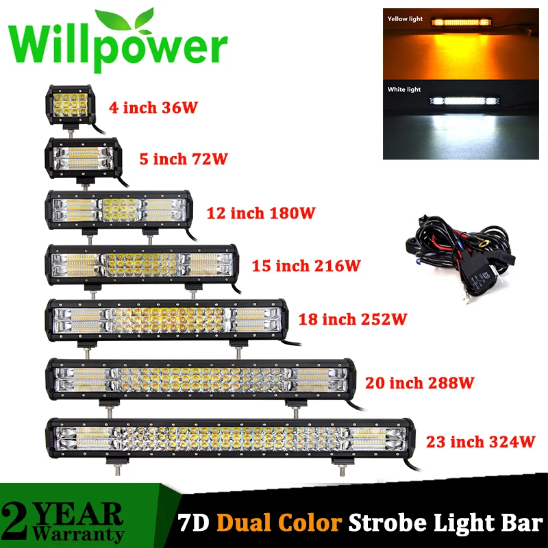 Willpower 4 5 12 15 17 20 23' Inch Tri Rows Strobe Flash LED Light Bar Dual Color 5 Model 288W 32W Offroad 4x4 Car Light 12V 24V