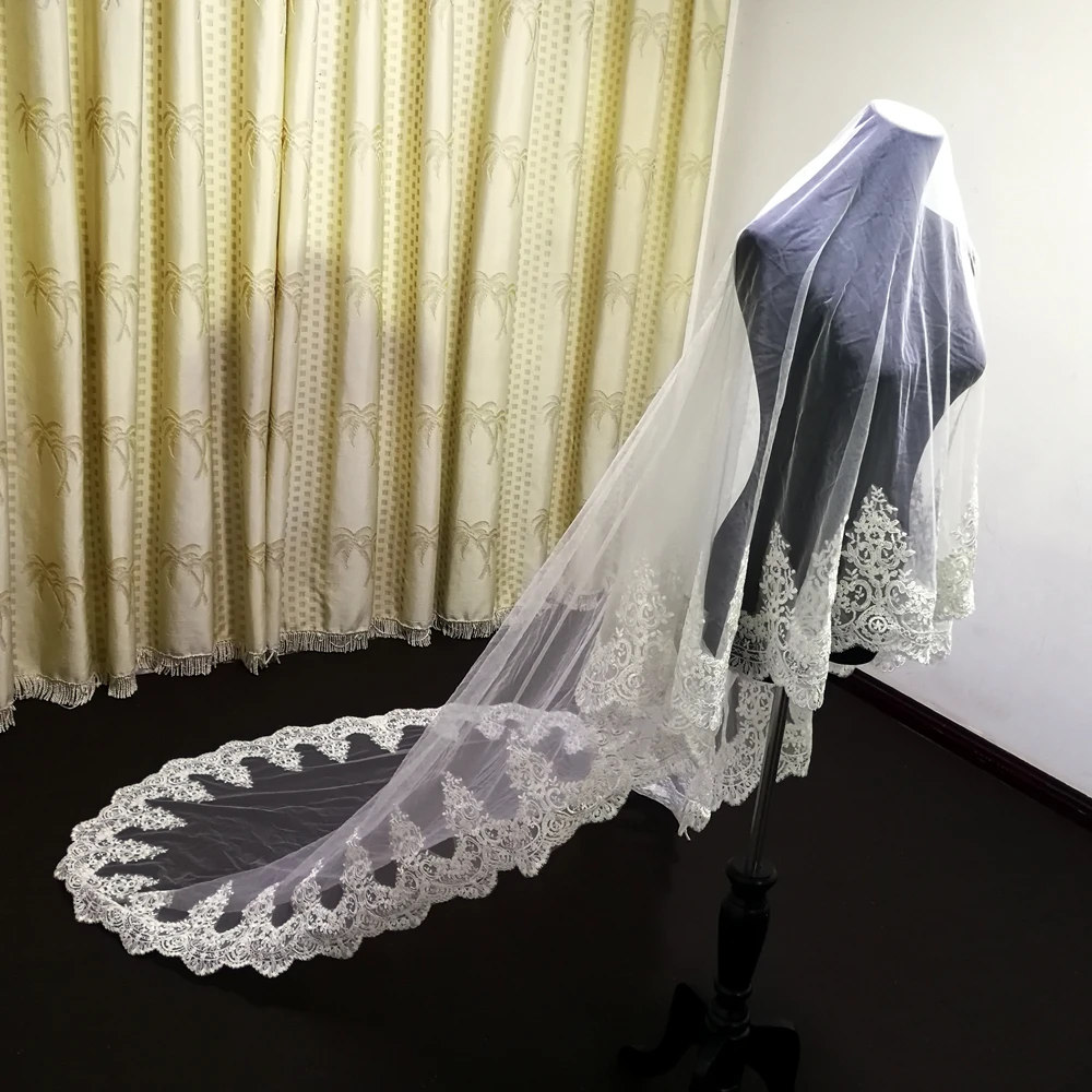 Hot sale 3M Long Wedding Veils Full decal  Applique Edge One Layer Cathedral Length Veils Two uses With Comb Tulle Bridal Veil