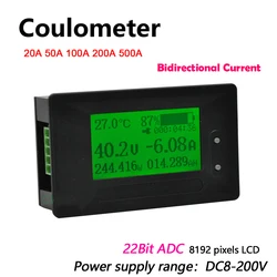 DC 200V 0-500A Coulometer meter Battery Monitor Voltage Current Power Capacity Lithium Li-ion Lipo Lifepo4 LTO lead acid Tester