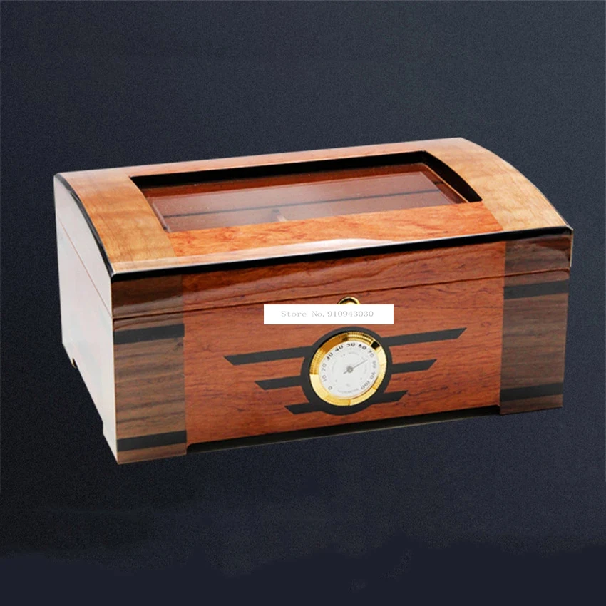 Luxury Transparent Skylight Glossy Cedar Wood 1-100 Cigars Storage Box Moisturizing Humidor With Hygrometer Humidifier