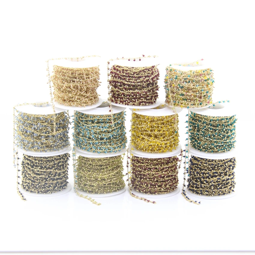 5Meter 11Color Choice 2mm Faceted Round Glass Beads Rosary Chains,Plated Gold Brass Wrapped Small Glass Beaded Necklace Chains