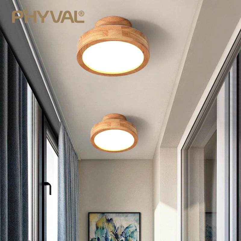 PHYVAL Nordic Natural wood Lamp modern Ceiling Lightsentrance hallway Light Round Wooden Surface Mounted balcony LED BedroomLamp