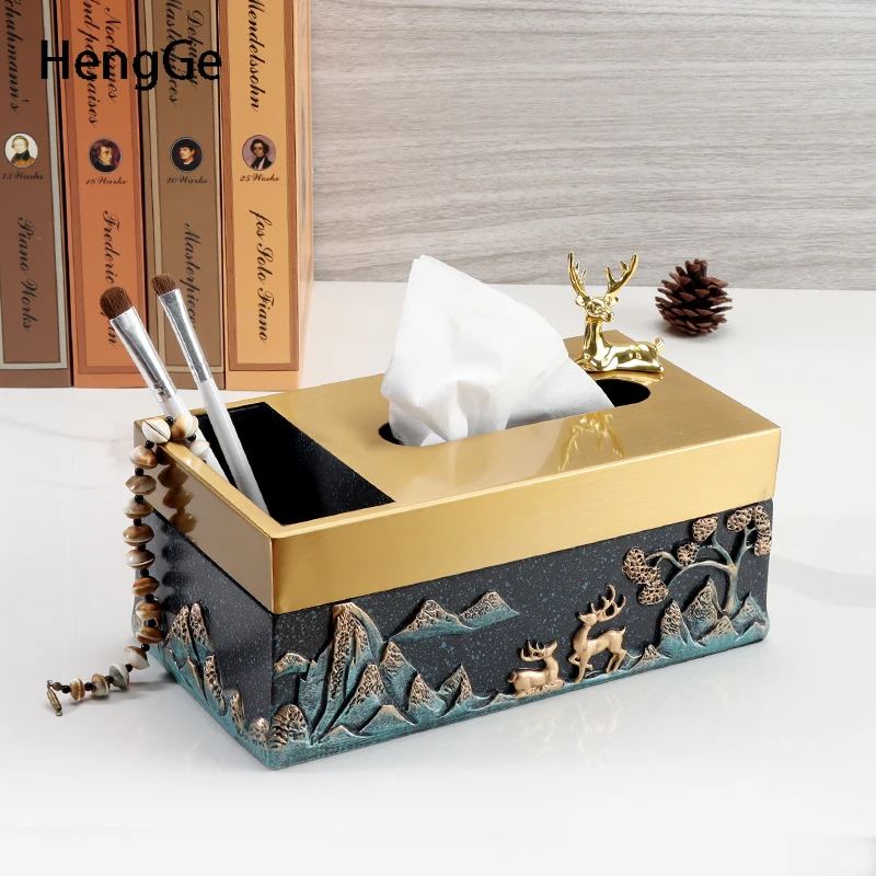 Luxury Resin tissue box Creativity landscape Relief Tissue Box Cover gold deer Multifunctional storage Paper boxs Home Decor