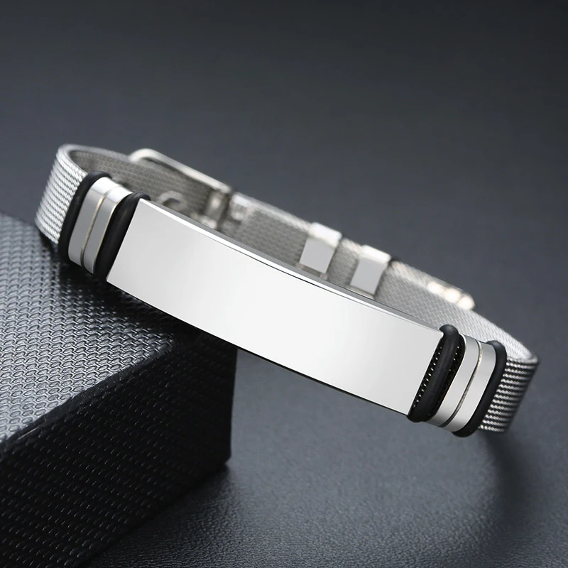 MESH BRACELET FOR MEN WOMEN SILVER STAINLESS STEEL METAL ADJUSTABLE ENGRAVABLE UNISEX BRACELETS