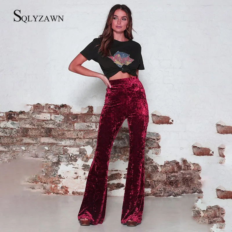 

Fashion Velvet Pants Women Autumn Winter Slim Solid Flare Pants High Waist Trousers High Street Style Velour Pants Bottoms