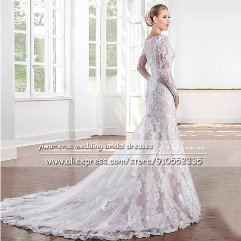 Luxury Lace Mermaid Wedding Dress With Long Sleeves Tulle Bridal Gown Robe De Mariee V Neck Sweep Train Vestidos De Noiva 2020