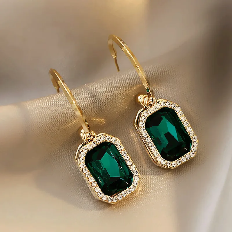 New Korean Fashion Temperament Elegant Green Crystal Geometry Drop Earrings for Women Girls Lady Party Jewelry Gift