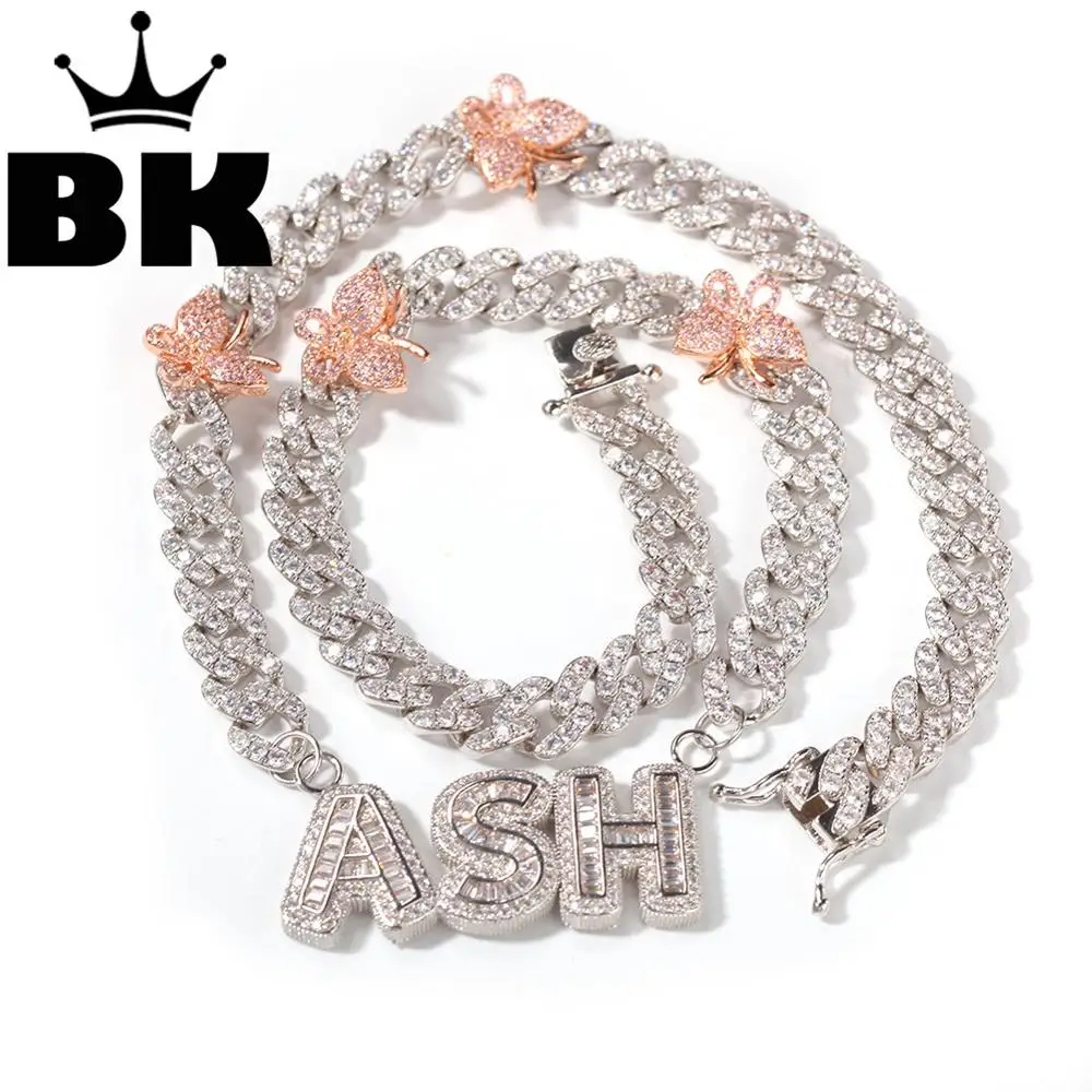 

The Hiphop Name Necklace 9mm Cuban Chain With Pink Butterfly Baguettecz Letters Full Iced Out Zircon Pendant Gift HipHop Jewelry