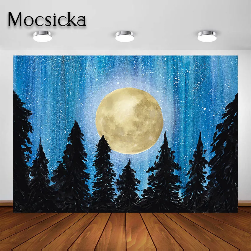 Mocsicka Santa Front Moon Photography Backdrop Forest Christmas Newborn Baby Portrait Background for Photo Studio Photoshoot