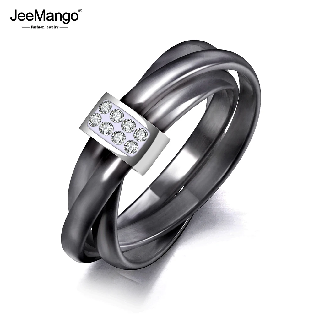 JeeMango 3 Layers Black/White Ceramic Crystal Wedding Rings Jewelry Rose Gold Color Stainless Steel Rhinestone Ring JR19066