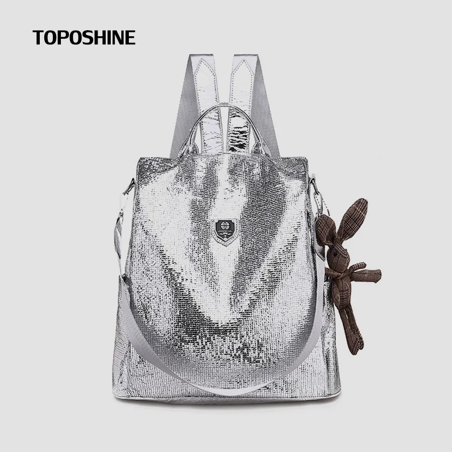 Toposhine 2023 New Casual Women Backpacks PU Leather Anti-Theft Black Backpack Girls School Shoulder Bag With Bunny Black/Silver