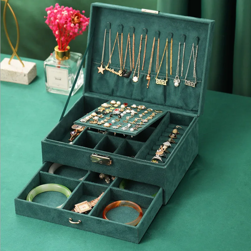 Makeup Holder Cases Flannel Jewellery Box for Women Top Selling 2/3-Layers Green Velvet Jewelry Organizer Box Earring Necklace