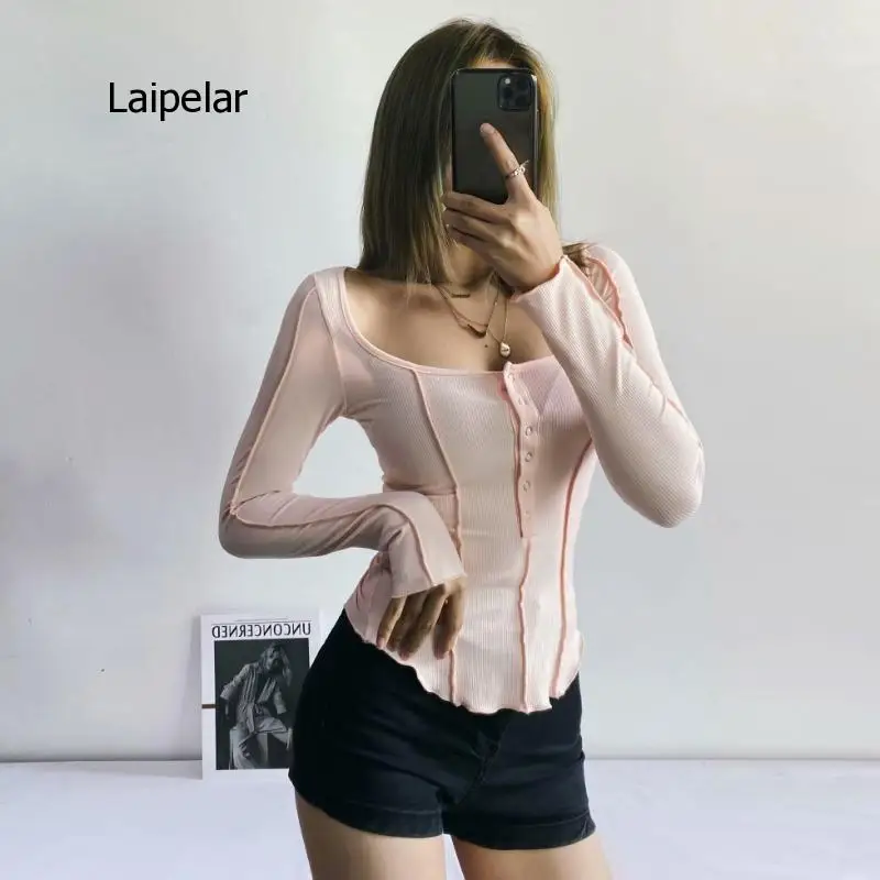 2021 Spring Square Neck Stitched Ear Edge Single Breasted Slim Women's T-Shirt Cotton Tops