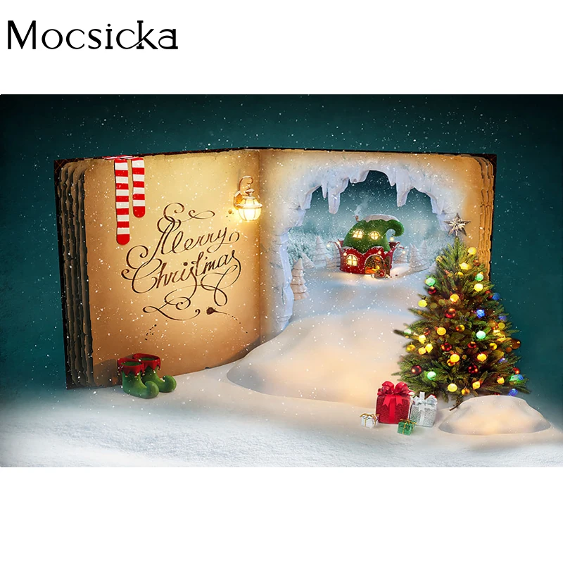 Mocsicka Winter Christmas Background Fairy House Christmas Tree Decoration Child Portrait Photo Backdrop Photography Banner