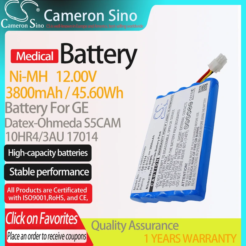 CameronSino Battery for GE Datex-Ohmeda S5CAM fits GE 10HR4/3AU 17014 AMED2002 Medical Replacement battery 3800mAh/45.60Wh Blue