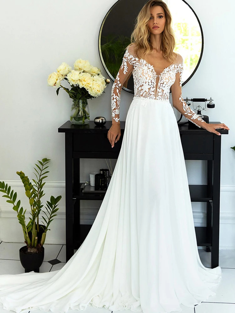 Boho V-Ausschnitt Brautkleid eine Linie Chiffon Brautkleid lange Ärmel rücken freie Robe de Mariee Illusion Applikationen Sweep Zug