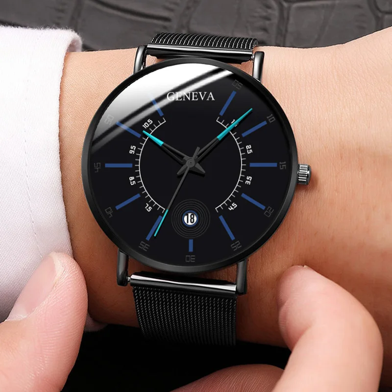 GENEVA Top Brand Luxury Watch Men Business Measuring Cool Calendar Thin Steel Mesh Band Quartz Watch Male Fashion Clock Relogio