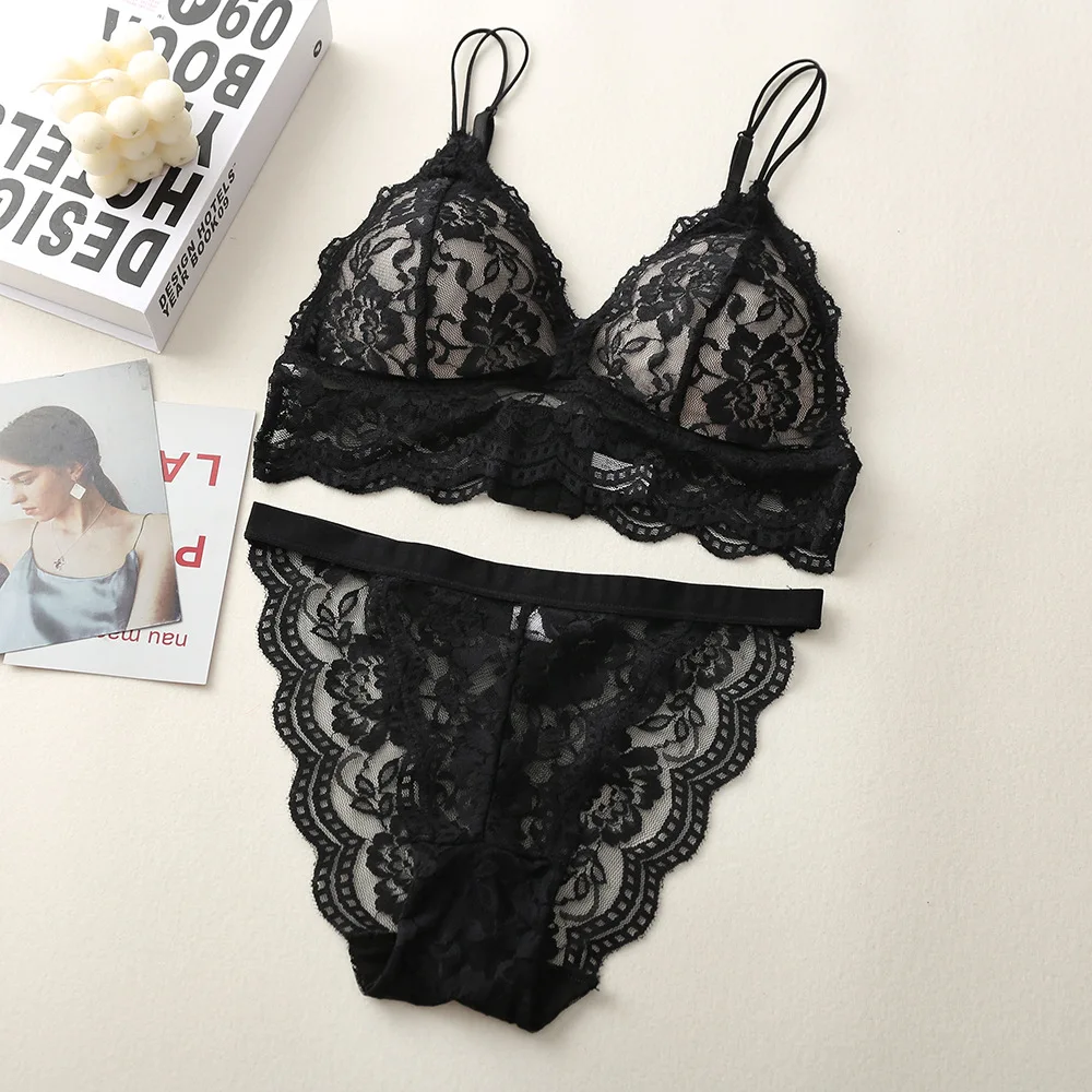 Floral Lace Bra And Panty Set Seamless Women Underwear Padded Bralette Female Intimates Transparent Bra Briefs Sexy Lingerie