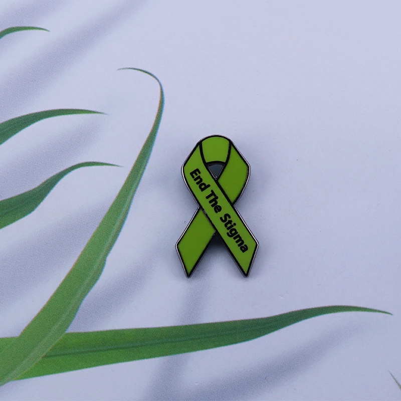 End the Stigma green mental health awareness ribbon enamel pin badge