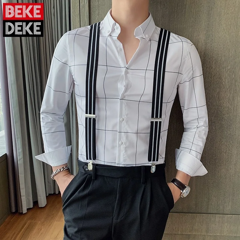 

Autumn 2022 Plaid Mens Long Sleeve Casual Business Formal Wear Male Shirts Slim Korean Style Fashion Single Breasted Blouse