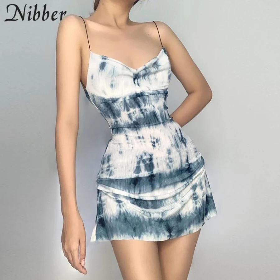 Nibber Summer Suspender Dress Sleeveless Low-cut Waist Design Tie-dye Print Fold Decoration For Women Go Out On Holiday 2021