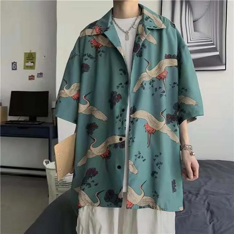 Summer Shirt Men\'s Trend Handsome Chinese Style Print Pendant