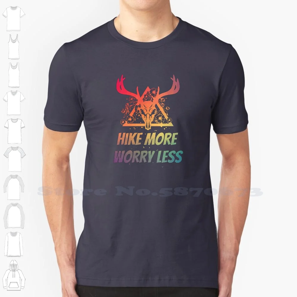 Hike More Worry Less Deer Skull With Flowers Design With Bright Colors 100% Cotton T-Shirt Hike More Worry Less Hiking Mountain