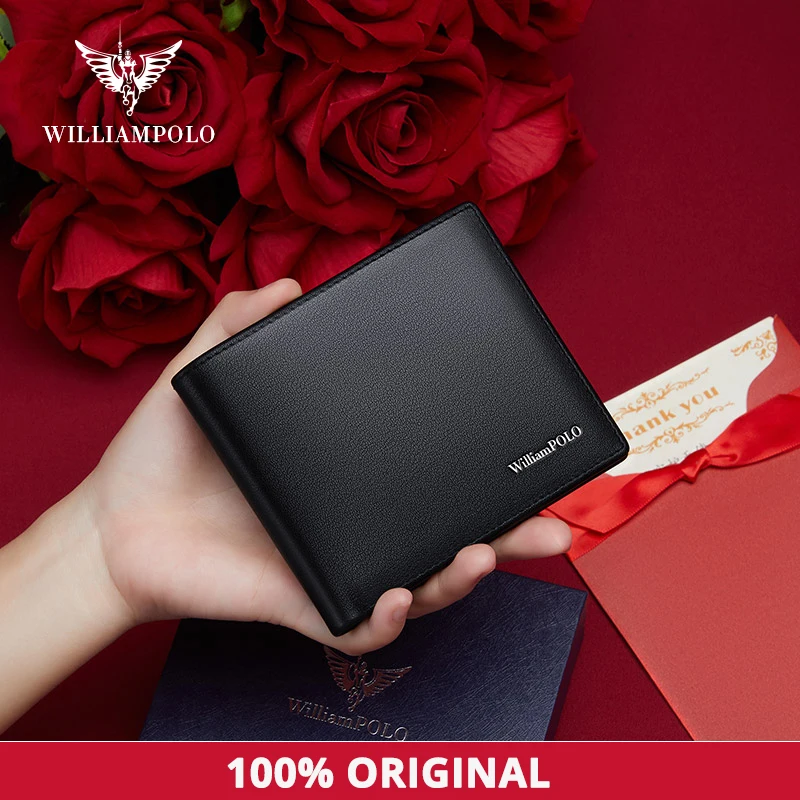 WILLIAMPOLO Men's Wallet Card Holder Genuine Leather Mini Purse Casual Design Wallet Short Small Pouch Gifts for Man  211545