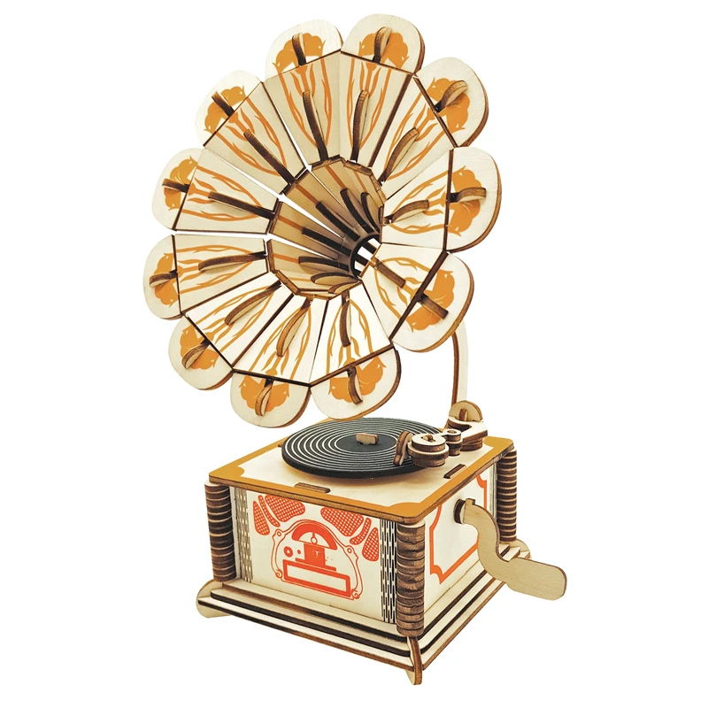 Home Decor Figurine DIY Wood Kits Miniature Phonograph Vintage Model Decoration Accessories for Children Gift