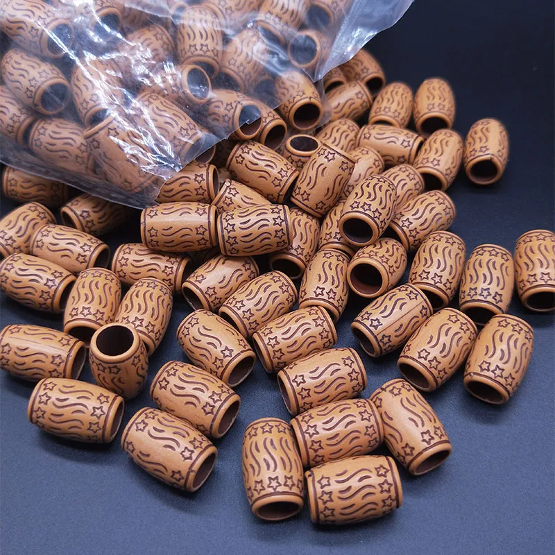 50pcs Plastic Imitation Wood Round Barrel Beads Large Hole Round Retro Craft Bead Jewelry Making Accessories DIY Beading