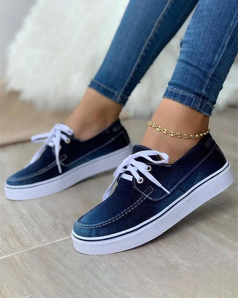 2021 Spring and Autumn Large Size Canvas Shoes Lace-up Shoes One-step Flat-bottomed Low-top Shoes Single Shoes Wild Loafers