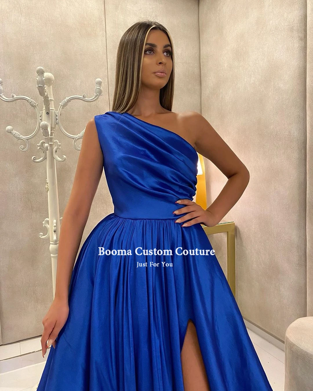 Booma roxo cetim vestidos de noite um ombro alta fenda lado longo vestidos de noite plissado a linha formal vestidos de baile