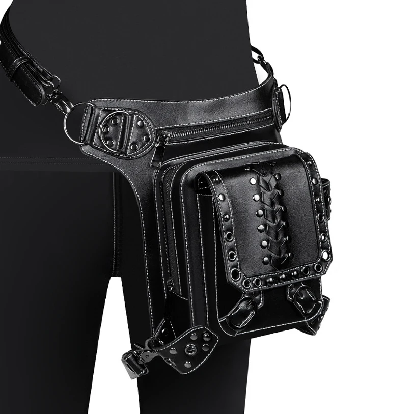 

Fashion Women Men Steampunk Rivet Bag Mobile Phone Messenger Pouch Outdoor Black Multi-Purpose Tactical Zipper Weave Waist Bag