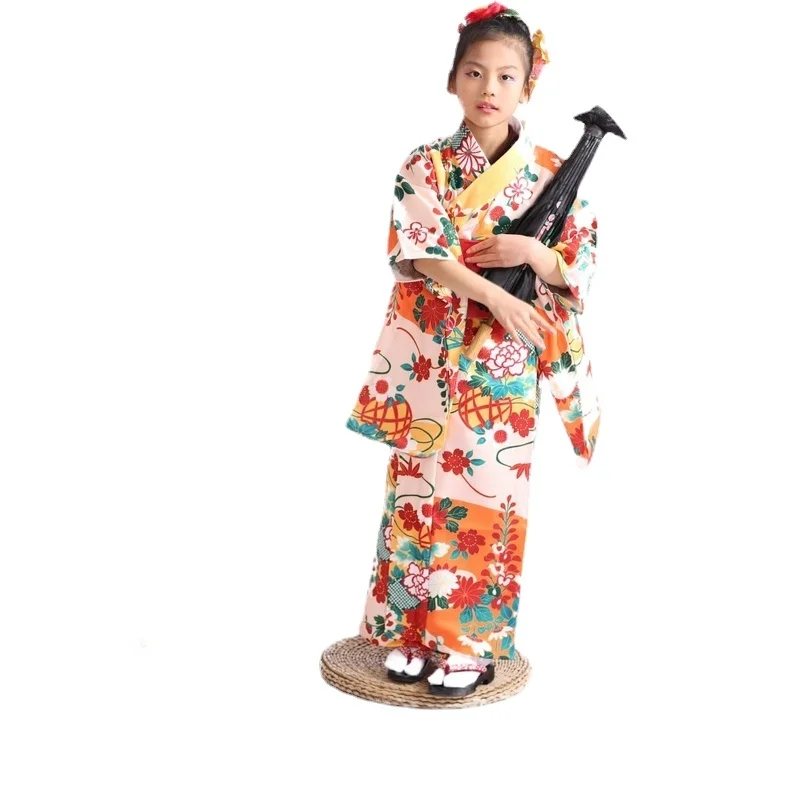 Japanese Traditional Kimono Kids Girl Children Asian Style Yukata with OBI Belts Girls Vintage Clothing