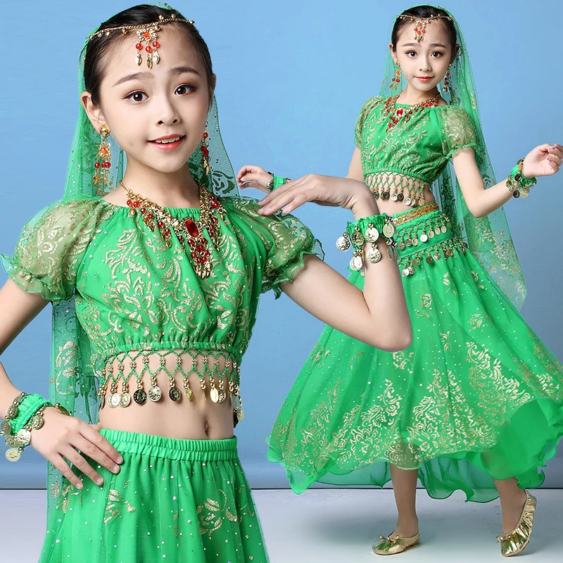 New Style Kids Indian Belly Dance Costume Set Children Bollywood Stage Performance Indian Dance Wear Multi-Color 4Pcs/Set