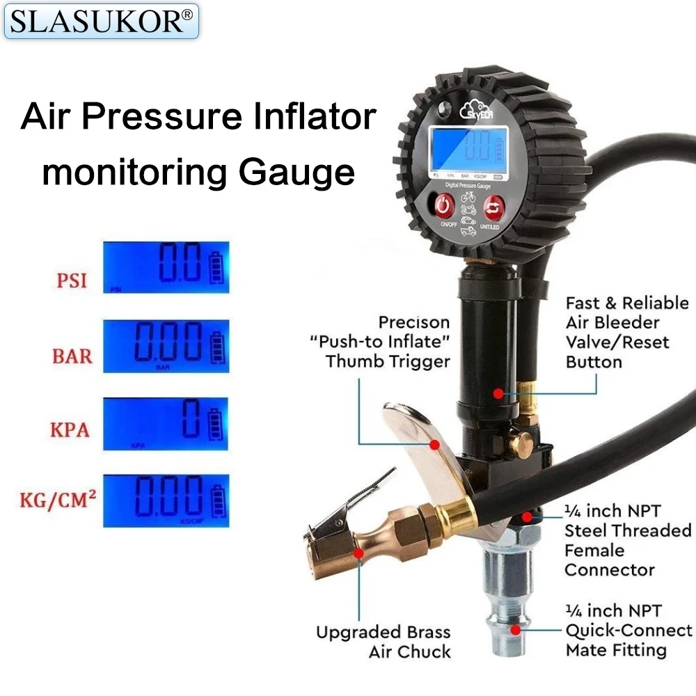 

SLASUKOR Tire Tester Digital Car Tire Air Pressure Inflator Gauge Vehicle Tester Inflation Monitoring LCD Display LED Backlight