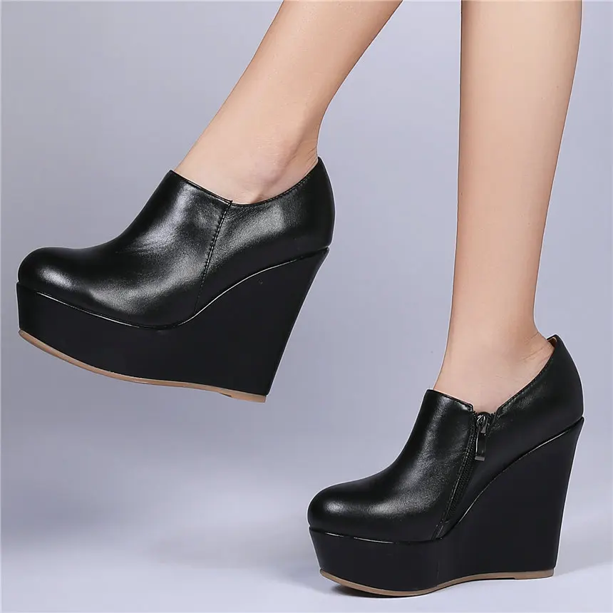 

Goth Punk Shoes Women Genuine Leather Wedges High Heel Platform Pumps Shoes Female Low Top Round Toe Ankle Boots Casual Shoes