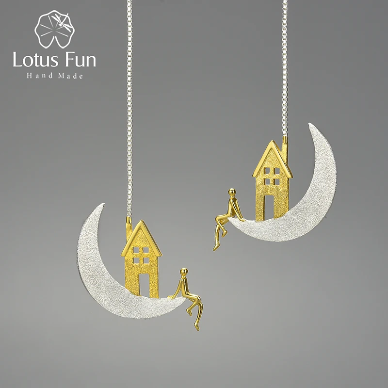 Lotus Fun Real 925 Sterling Silver Home on the Moon Unusual Long Hanging Drop Earrings for Women Luxury Statement Jewelry Gifts