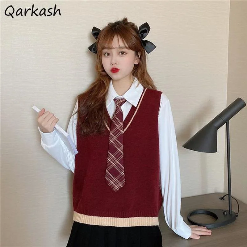 

V-neck Knit Sweater Vest Women Preppy Style Patchwork Students Leisure Chic Sleeveless All-match Popular Ulzzang Autumn Retro