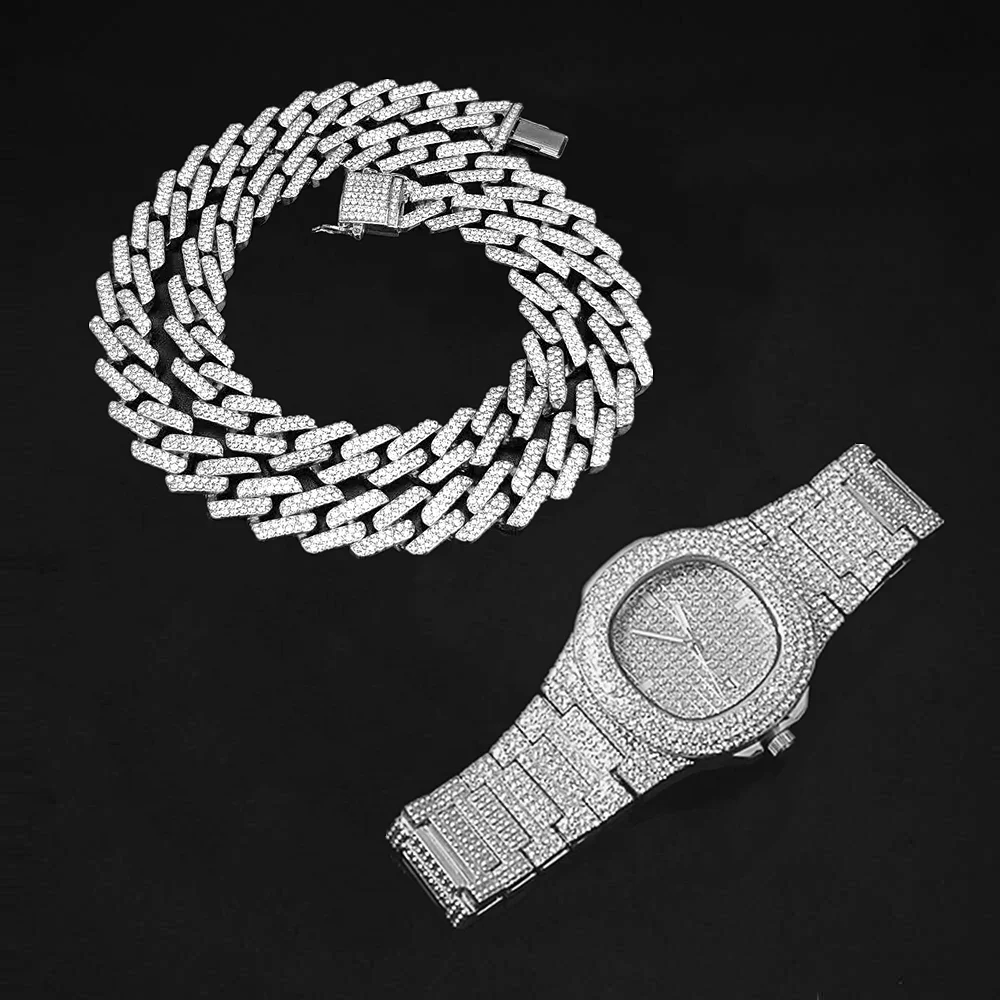 Necklace Watch Bracelet Bling Iced Out Miami Zircon Cuban Link Chain Prong Pave Rhinestone Men Bracelet Necklace for Men Jewelry