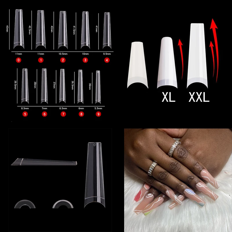 

600Pcs XXL Extra Long Square False Nail Tips Art French Denim fake Nails Manicure Nail Art Decoration 10 Size Acrylic Half Cover