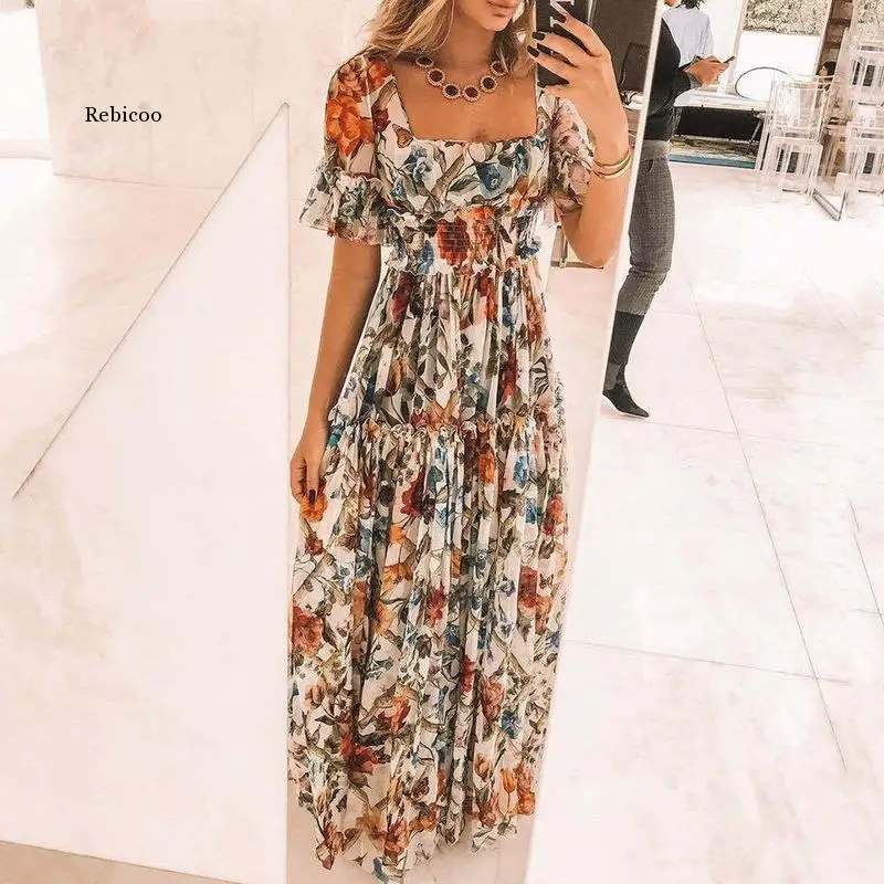 Summer Boho Dress Women  Summer Fashion Short Sleeve Empire Empire A-Line Printed Long Dress