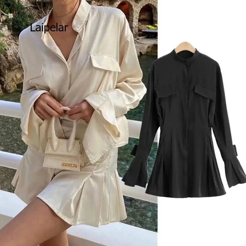 

Ladies dress 2021 stand-up collar satin waist waist shirt dress casual women's white dress suit mid-length skirt