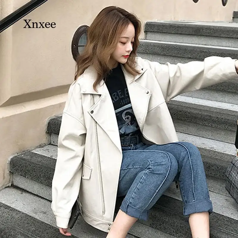 2021 Ladies Casual Solid Color Artificial Leather Coat Lapel Ladies Pu Leather Jacket Female Cool Zipper Streetwear