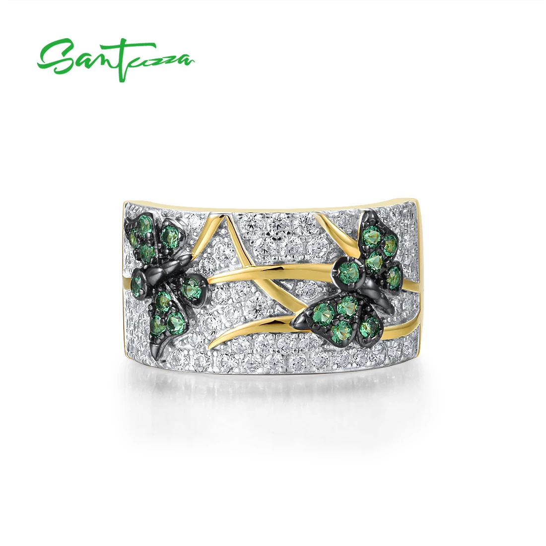 SANTUZZA Authentic 925 Sterling Silver Rings For Women Round Green Spinel Butterfly Animal Gold Plated Wedding Gift Fine Jewelry