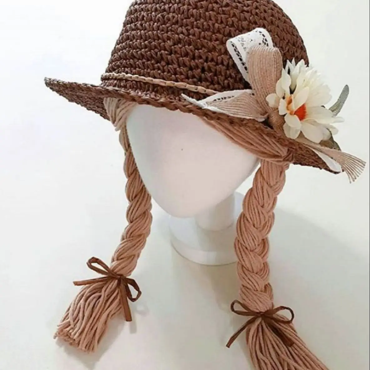 Spring Summer Baby Kids Girl Sun Block Beach Hat Hair Pigtail Braid Wig Bucket Cap Children Girls Princess Flower Straw Hat Cap