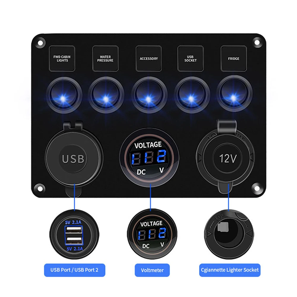 5 Gang Switch Panel Dual USB Port 12V Outlet Combination Waterproof for Car Marine Ship LED Toggle Rocker Switch Panel