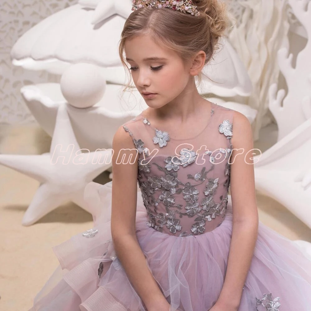 Robe de soirée mignonne pour enfants, col rond, sans manches, à volants, en Tulle, en dentelle, à fleurs, robes de première Communion