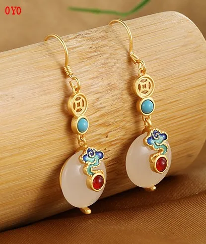 

S925 sterling silver Hetian jade safe buckle earrings female ethnic wind burnt blue auspicious clouds earrings