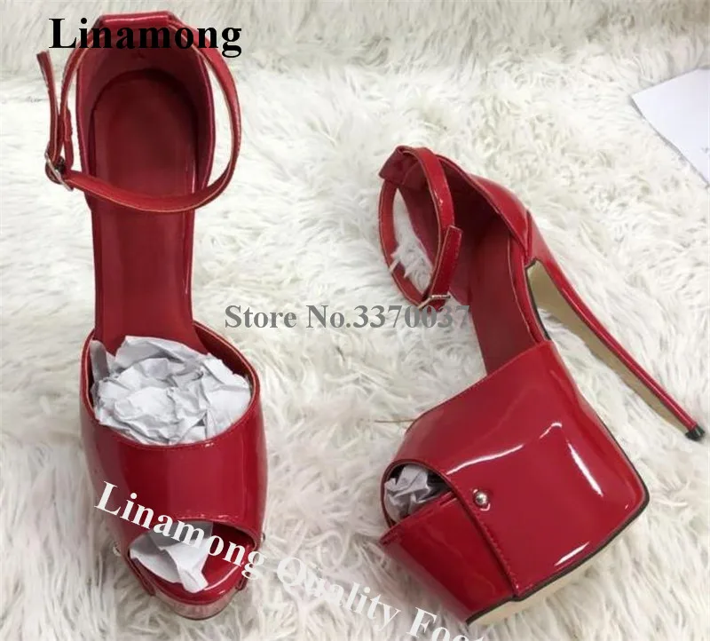 

Linamong Sexy Peep Toe Patent Leather High Platform Stiletto Heel Pumps Red Super Thin High Heels Ankle Straps Wedding Shoes